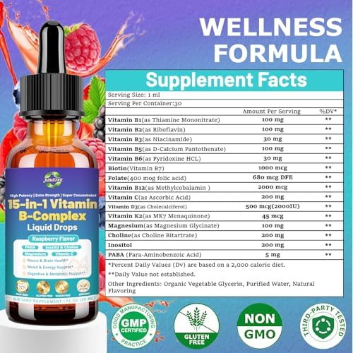 Gotas Líquidas Avanzadas de Complejo de Vitaminas B para Mujeres, Hombres y Niños, 15 en 1 con Vitamina C, B12, B6, B1, Niacina y Folato para Energía - imagen 8