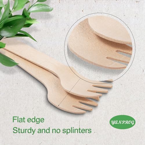 YANPROG Mini Sporks de Madera Desechables 4 - 100 Piezas de Cucharas y Tenedores de Abeto Biodegradables para Fiestas, Bodas y Campamentos - imagen 3