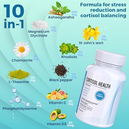 Suplementos de Cortisol 10 en 1 con Magnesio, Ashwagandha, Manzanilla, L-Teanina, Hierba de San Juan, Rhodiola, 60 Cápsulas, Reductor de Cortisol - imagen 2