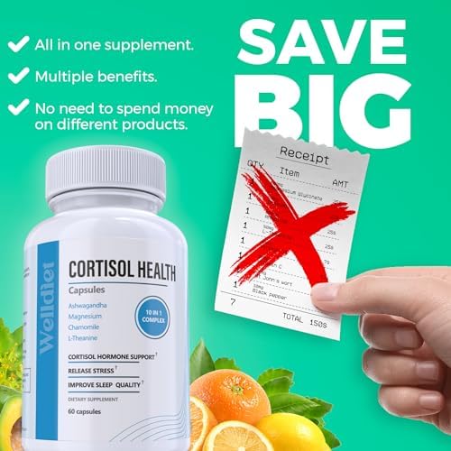 Suplementos de Cortisol 10 en 1 con Magnesio, Ashwagandha, Manzanilla, L-Teanina, Hierba de San Juan, Rhodiola, 60 Cápsulas, Reductor de Cortisol - imagen 4
