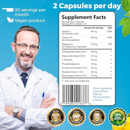Suplementos de Cortisol 10 en 1 con Magnesio, Ashwagandha, Manzanilla, L-Teanina, Hierba de San Juan, Rhodiola, 60 Cápsulas, Reductor de Cortisol - imagen 5