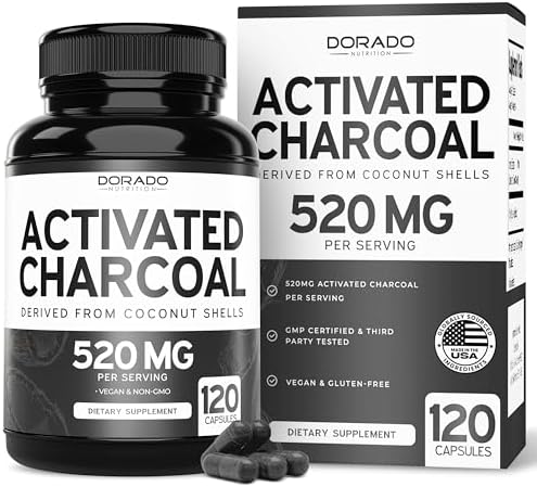 Píldoras de Carbón Activado Orgánico (120 Cápsulas) Derivadas de Cáscaras de Coco, Apoyo para la Hinchazón y Desintoxicación, 520mg por Porción, - imagen 1