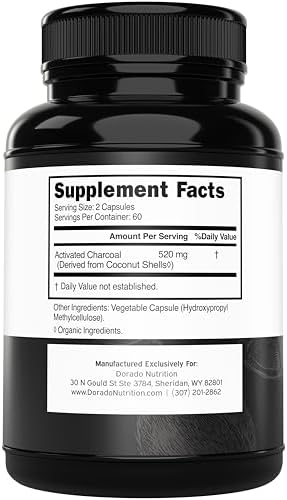 Píldoras de Carbón Activado Orgánico (120 Cápsulas) Derivadas de Cáscaras de Coco, Apoyo para la Hinchazón y Desintoxicación, 520mg por Porción, - imagen 2