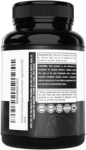 Píldoras de Carbón Activado Orgánico (120 Cápsulas) Derivadas de Cáscaras de Coco, Apoyo para la Hinchazón y Desintoxicación, 520mg por Porción, - imagen 3