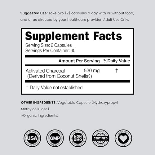 Píldoras de Carbón Activado Orgánico (120 Cápsulas) Derivadas de Cáscaras de Coco, Apoyo para la Hinchazón y Desintoxicación, 520mg por Porción, - imagen 6