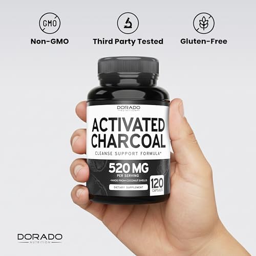 Píldoras de Carbón Activado Orgánico (120 Cápsulas) Derivadas de Cáscaras de Coco, Apoyo para la Hinchazón y Desintoxicación, 520mg por Porción, - imagen 7