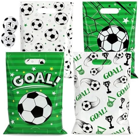 Shintop 50PCS Bolsas de Regalo de Fútbol, Bolsas de Plástico con Asas para Fiestas, Favor de Equipo para Cumpleaños (9.8 x 6.3 Pulgadas) - imagen 1