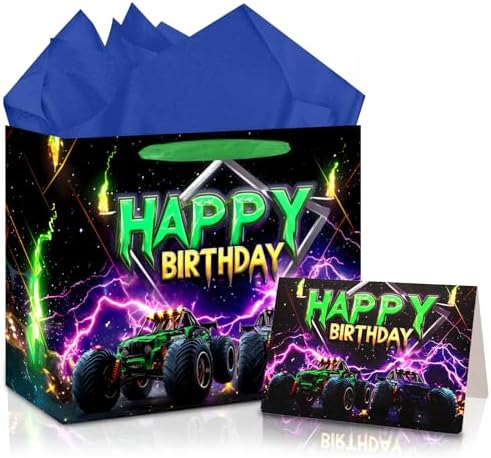 Bolsa de Regalo de Cumpleaños JOCOPUERTO Monster Truck - Bolsa Grande de 13 con Papel de Seda y Tarjeta para Fiesta de Cumpleaños de Niños Temática - imagen 1