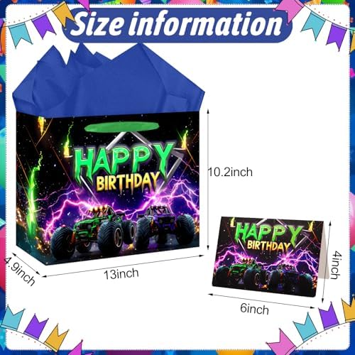 Bolsa de Regalo de Cumpleaños JOCOPUERTO Monster Truck - Bolsa Grande de 13 con Papel de Seda y Tarjeta para Fiesta de Cumpleaños de Niños Temática - imagen 2