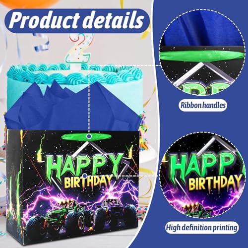 Bolsa de Regalo de Cumpleaños JOCOPUERTO Monster Truck - Bolsa Grande de 13 con Papel de Seda y Tarjeta para Fiesta de Cumpleaños de Niños Temática - imagen 4