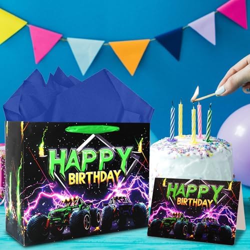 Bolsa de Regalo de Cumpleaños JOCOPUERTO Monster Truck - Bolsa Grande de 13 con Papel de Seda y Tarjeta para Fiesta de Cumpleaños de Niños Temática - imagen 5