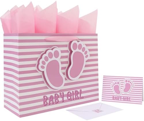 Set de Bolsa de Regalo Grande de 13'' para Niña con Asas, Tarjeta de Felicitación, Papel de Seda Rosa y Stickers para Baby Shower, Cumpleaños, Nuevas - imagen 1