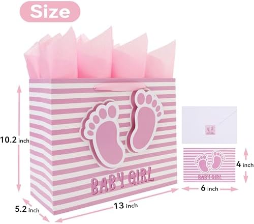 Set de Bolsa de Regalo Grande de 13'' para Niña con Asas, Tarjeta de Felicitación, Papel de Seda Rosa y Stickers para Baby Shower, Cumpleaños, Nuevas - imagen 2