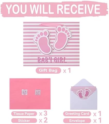Set de Bolsa de Regalo Grande de 13'' para Niña con Asas, Tarjeta de Felicitación, Papel de Seda Rosa y Stickers para Baby Shower, Cumpleaños, Nuevas - imagen 3