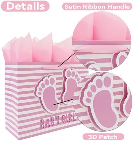 Set de Bolsa de Regalo Grande de 13'' para Niña con Asas, Tarjeta de Felicitación, Papel de Seda Rosa y Stickers para Baby Shower, Cumpleaños, Nuevas - imagen 4