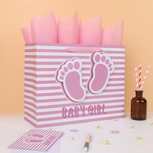 Set de Bolsa de Regalo Grande de 13'' para Niña con Asas, Tarjeta de Felicitación, Papel de Seda Rosa y Stickers para Baby Shower, Cumpleaños, Nuevas - imagen 5
