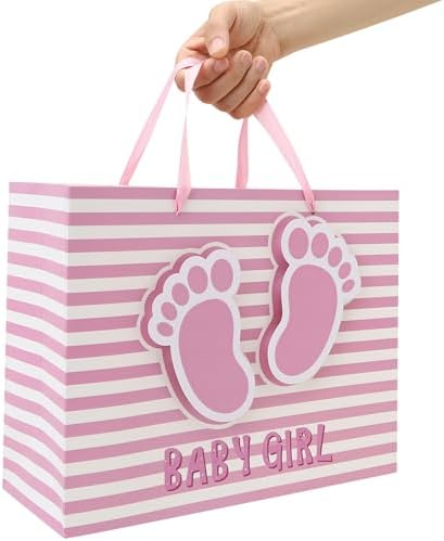 Set de Bolsa de Regalo Grande de 13'' para Niña con Asas, Tarjeta de Felicitación, Papel de Seda Rosa y Stickers para Baby Shower, Cumpleaños, Nuevas - imagen 6