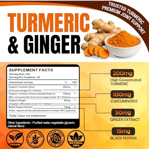 Gotas Líquidas de Cúrcuma y Jengibre Orgánico, Suplemento Ultra Potente con 95% de Curcuminoides y BioPerine para la Salud Articular, Absorción - imagen 6