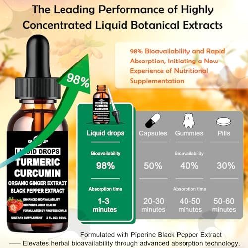 Gotas Líquidas de Cúrcuma y Jengibre Orgánico, Suplemento Ultra Potente con 95% de Curcuminoides y BioPerine para la Salud Articular, Absorción - imagen 7
