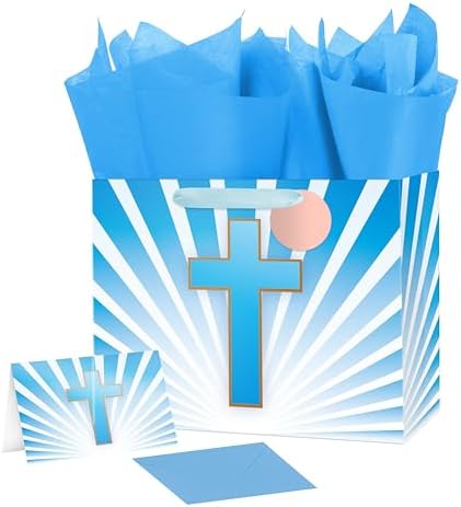 Bolsa de Regalo Grande Azul de 13'' Ranfashiong con Diseño de Cruz Dorada, Papel de Seda y Tarjeta para Pascua, Bautizos y Comuniones - imagen 1