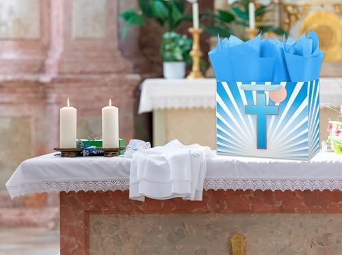 Bolsa de Regalo Grande Azul de 13'' Ranfashiong con Diseño de Cruz Dorada, Papel de Seda y Tarjeta para Pascua, Bautizos y Comuniones - imagen 2