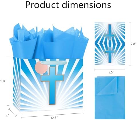 Bolsa de Regalo Grande Azul de 13'' Ranfashiong con Diseño de Cruz Dorada, Papel de Seda y Tarjeta para Pascua, Bautizos y Comuniones - imagen 3