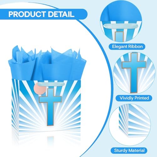 Bolsa de Regalo Grande Azul de 13'' Ranfashiong con Diseño de Cruz Dorada, Papel de Seda y Tarjeta para Pascua, Bautizos y Comuniones - imagen 4