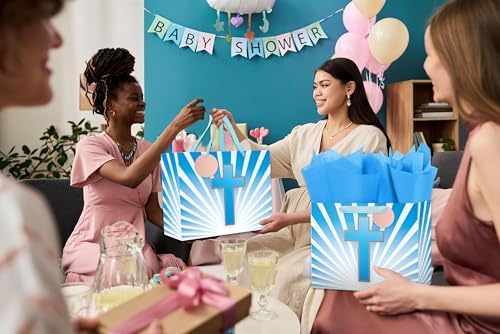 Bolsa de Regalo Grande Azul de 13'' Ranfashiong con Diseño de Cruz Dorada, Papel de Seda y Tarjeta para Pascua, Bautizos y Comuniones - imagen 5