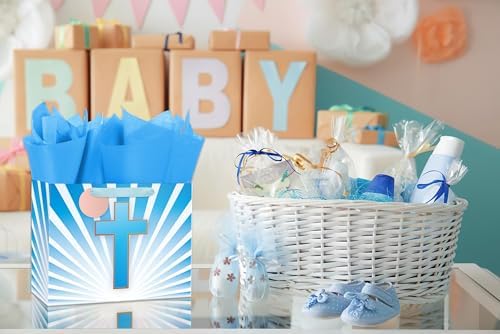 Bolsa de Regalo Grande Azul de 13'' Ranfashiong con Diseño de Cruz Dorada, Papel de Seda y Tarjeta para Pascua, Bautizos y Comuniones - imagen 6
