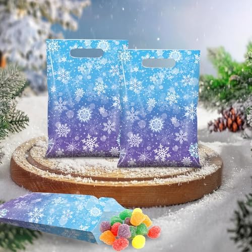 Bolsitas de Regalo Pascliyna 50 Pzs con Copos de Nieve, Azules y Moradas, Bolsas de Plástico para Fiestas de Invierno, Cumpleaños y Navidad - imagen 4