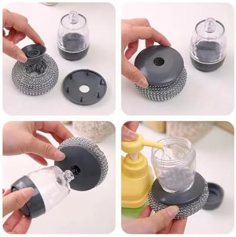 Cepillo de Cocina con Dispensador de Jabón y Estropajo de Acero Inoxidable para Platos, Sartenes, Fregadero, Bañera, Azulejos y Hogar - imagen 3