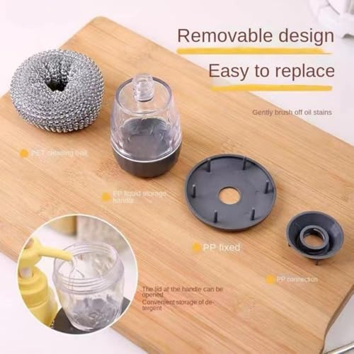 Cepillo de Cocina con Dispensador de Jabón y Estropajo de Acero Inoxidable para Platos, Sartenes, Fregadero, Bañera, Azulejos y Hogar - imagen 4