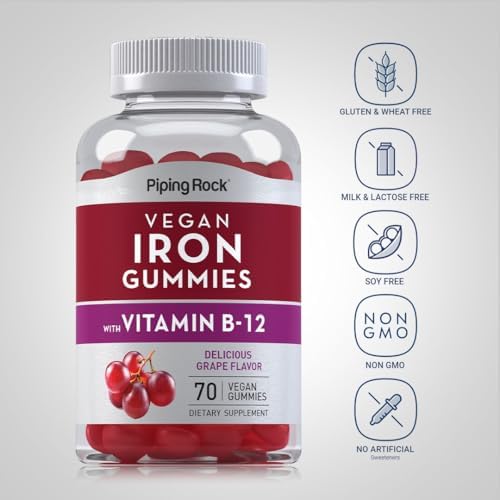 Gomitas Veganas de Hierro Piping Rock | 70 piezas | con Vitamina B-12 | Sabor Uva Delicioso | Sin OGM, Sin Gluten - imagen 3