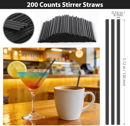 [200 Pzs] Popotes de 5 Pulgadas para Cócteles - Popotes Cortos de Plástico Resistente de 0.16 de Ancho para Bebidas, Desechables Negros para Bar, - imagen 2