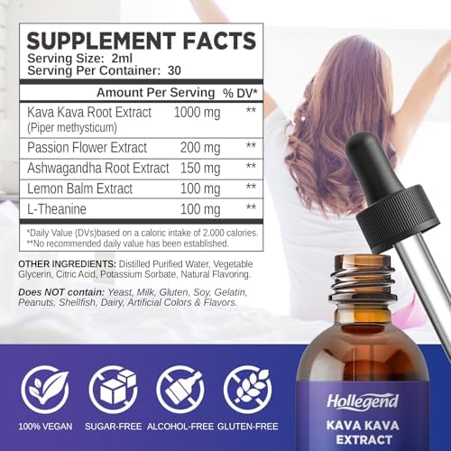 Extracto Líquido de Raíz de Kava Kava HOLLEGEND, 5 en 1 con Ashwagandha, Bálsamo de Limón, L-Theanina, Suplemento para Estrés, Sueño y Salud Mental, - imagen 2