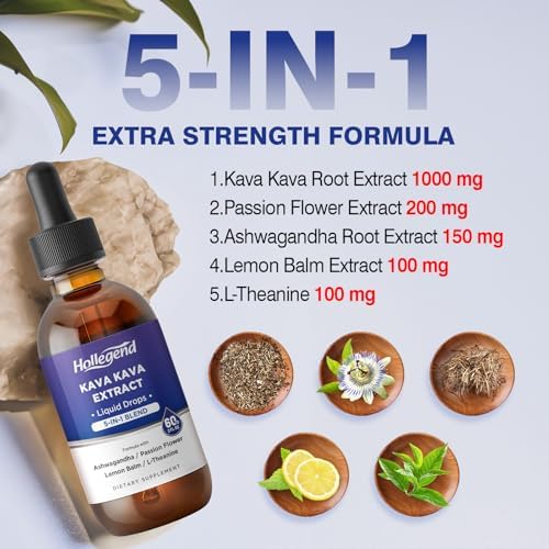 Extracto Líquido de Raíz de Kava Kava HOLLEGEND, 5 en 1 con Ashwagandha, Bálsamo de Limón, L-Theanina, Suplemento para Estrés, Sueño y Salud Mental, - imagen 3