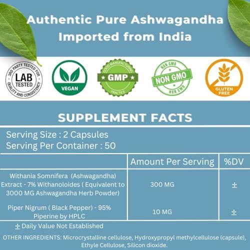 Suplemento Orgánico de Ashwagandha Extra Fuerte con Pimienta Negra para Estrés y Ánimo, 300mg Extracto (Equivalente a 3000mg Hierba), 100 Cápsulas - imagen 5