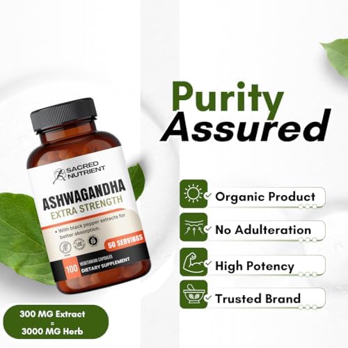Suplemento Orgánico de Ashwagandha Extra Fuerte con Pimienta Negra para Estrés y Ánimo, 300mg Extracto (Equivalente a 3000mg Hierba), 100 Cápsulas - imagen 6