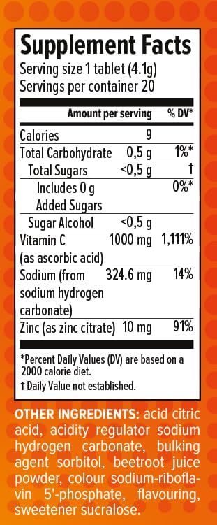 AlpenWell Vitamina C 1000mg + Zinc - Soporte Inmunológico - 20 Tabletas Efervescentes Sin Azúcar, Sabor Naranja, Suplemento Bajo en Calorías - imagen 8