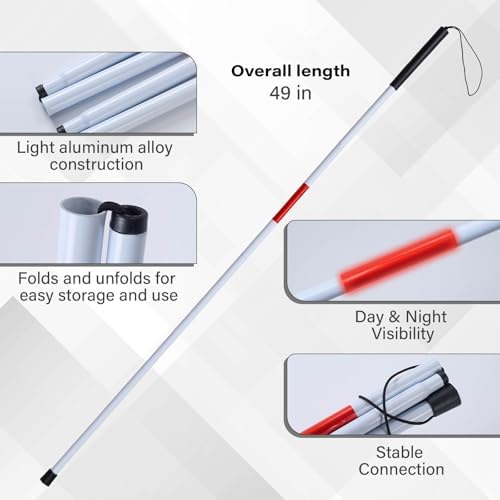 Bastón Plegable ADOEIAK Blanco con Franja Reflectante Roja, 49 Pulgadas, Ligero y Antideslizante para Personas con Discapacidad Visual, Uso Diario y - imagen 2
