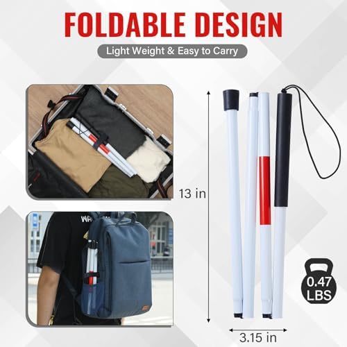 Bastón Plegable ADOEIAK Blanco con Franja Reflectante Roja, 49 Pulgadas, Ligero y Antideslizante para Personas con Discapacidad Visual, Uso Diario y - imagen 4