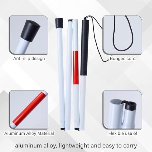 Bastón Plegable ADOEIAK Blanco con Franja Reflectante Roja, 49 Pulgadas, Ligero y Antideslizante para Personas con Discapacidad Visual, Uso Diario y - imagen 5