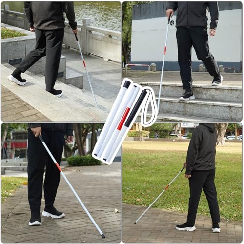 Bastón Plegable ADOEIAK Blanco con Franja Reflectante Roja, 49 Pulgadas, Ligero y Antideslizante para Personas con Discapacidad Visual, Uso Diario y - imagen 6