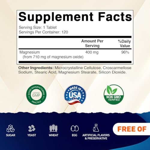 Vitamatic Magnesio Oxido Extra Fuerte 400 mg 120 Tabletas Vegetarianas - Apoya la Salud Muscular, Nerviosa y Cardiaca - Hecho en EE. UU. - Sin GMO y - imagen 2