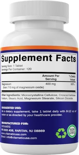 Vitamatic Magnesio Oxido Extra Fuerte 400 mg 120 Tabletas Vegetarianas - Apoya la Salud Muscular, Nerviosa y Cardiaca - Hecho en EE. UU. - Sin GMO y - imagen 8