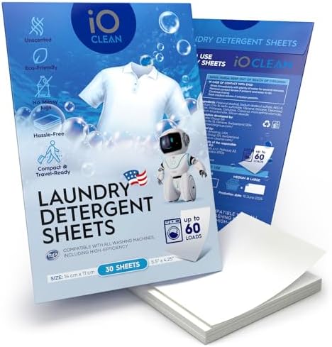 Hojas de Detergente para Ropa iO CLEAN Sin Fragancia, 30 Piezas – Hojas de Jabón Hipoalergénicas para Piel Sensible – Detergente Ideal para Viajes y - imagen 1