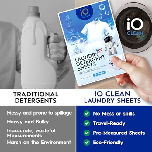 Hojas de Detergente para Ropa iO CLEAN Sin Fragancia, 30 Piezas – Hojas de Jabón Hipoalergénicas para Piel Sensible – Detergente Ideal para Viajes y - imagen 5