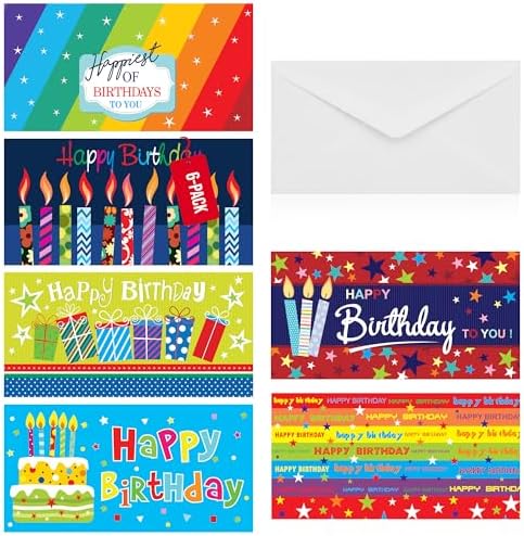 Iconikal Paquete de 24 Soportes para Tarjetas de Regalo con Sobres, 6 Diseños de Feliz Cumpleaños, 6.75x3.25 Pulgadas, Trifold para Efectivo y Cheques - imagen 1