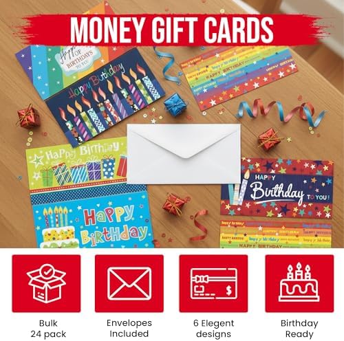 Iconikal Paquete de 24 Soportes para Tarjetas de Regalo con Sobres, 6 Diseños de Feliz Cumpleaños, 6.75x3.25 Pulgadas, Trifold para Efectivo y Cheques - imagen 2