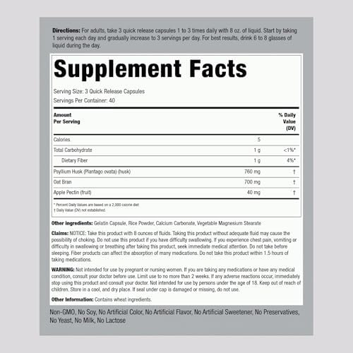Suplemento de Fibra Piping Rock | 1500mg | 120 Cápsulas | Pastillas de Triple Acción | con Psyllium, Salvado de Avena y Pectina de Manzana | Sin OGM - imagen 2
